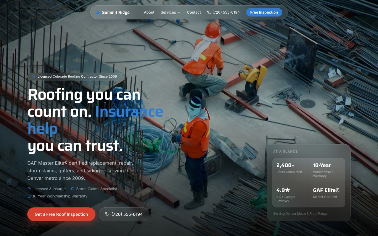 Roofing & Exteriors website template — header preview